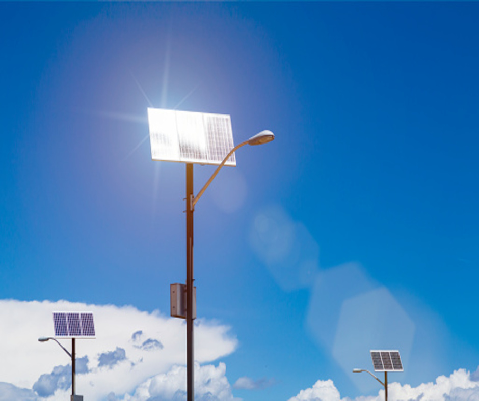 Solar panels on lampposts using sunlight to produce sustainable electric energy